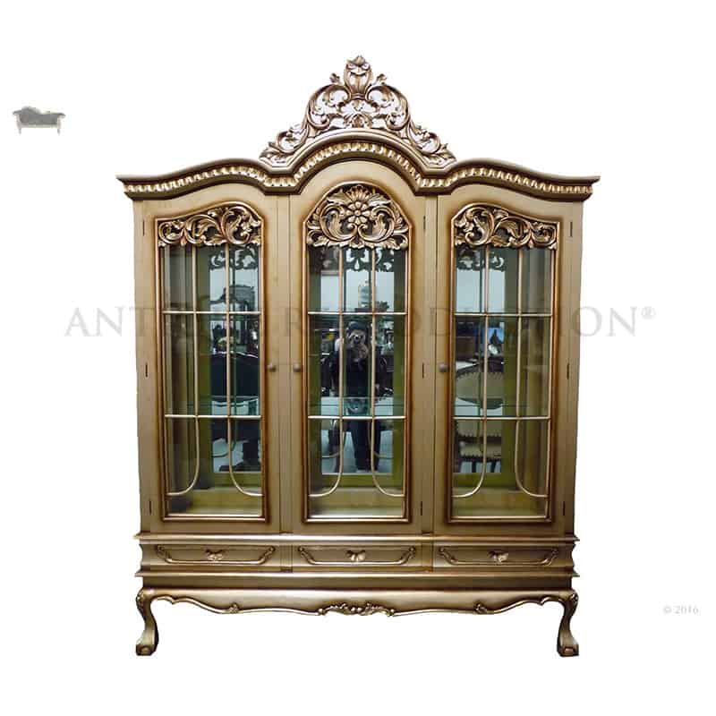 Carved French Triple Display Cabinet 3 Door Antique Gold 