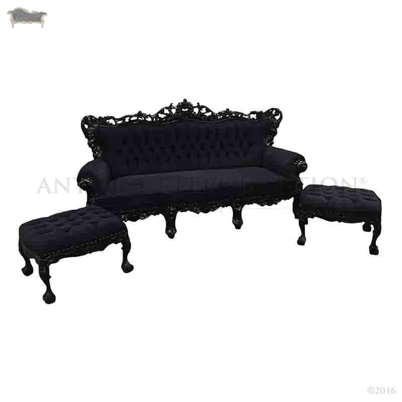 French Heavy Carved Baroque Rococo 3 Seater Lounge Sofa With Stools Black Antique Reproduction Shop