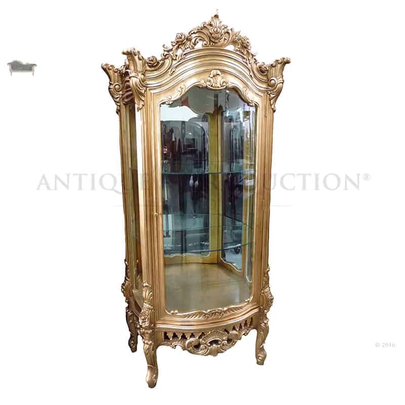 french louis rose carved antique gold display cabinet 1 door