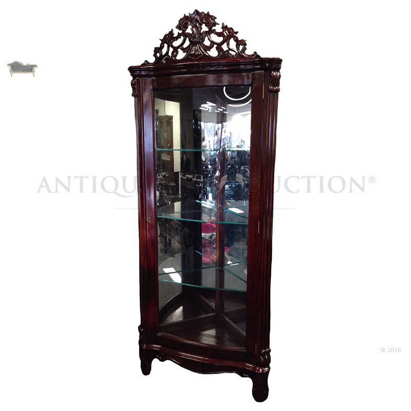 French Provincial Corner Display Cabinet Carved 1 Door Antique Reproduction Shop