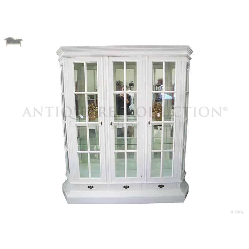 French Provincial Profile Display Cabinet 3 Door White Antique