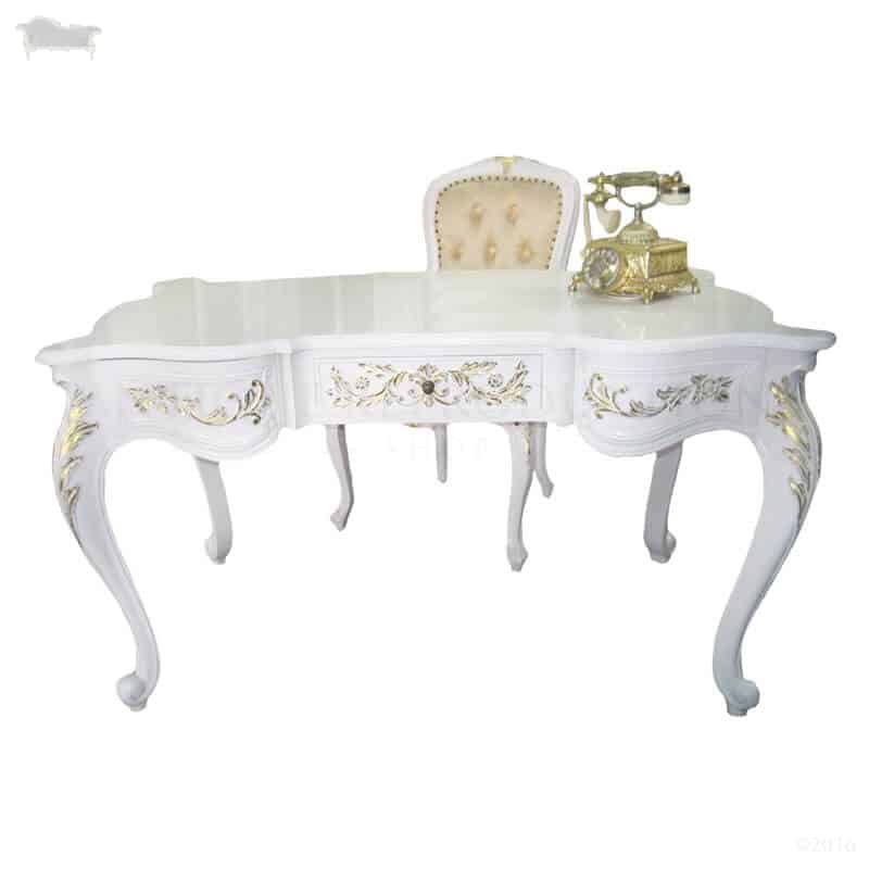 French Provincial Louis Style Carved Desk 3 Draw White And Gold