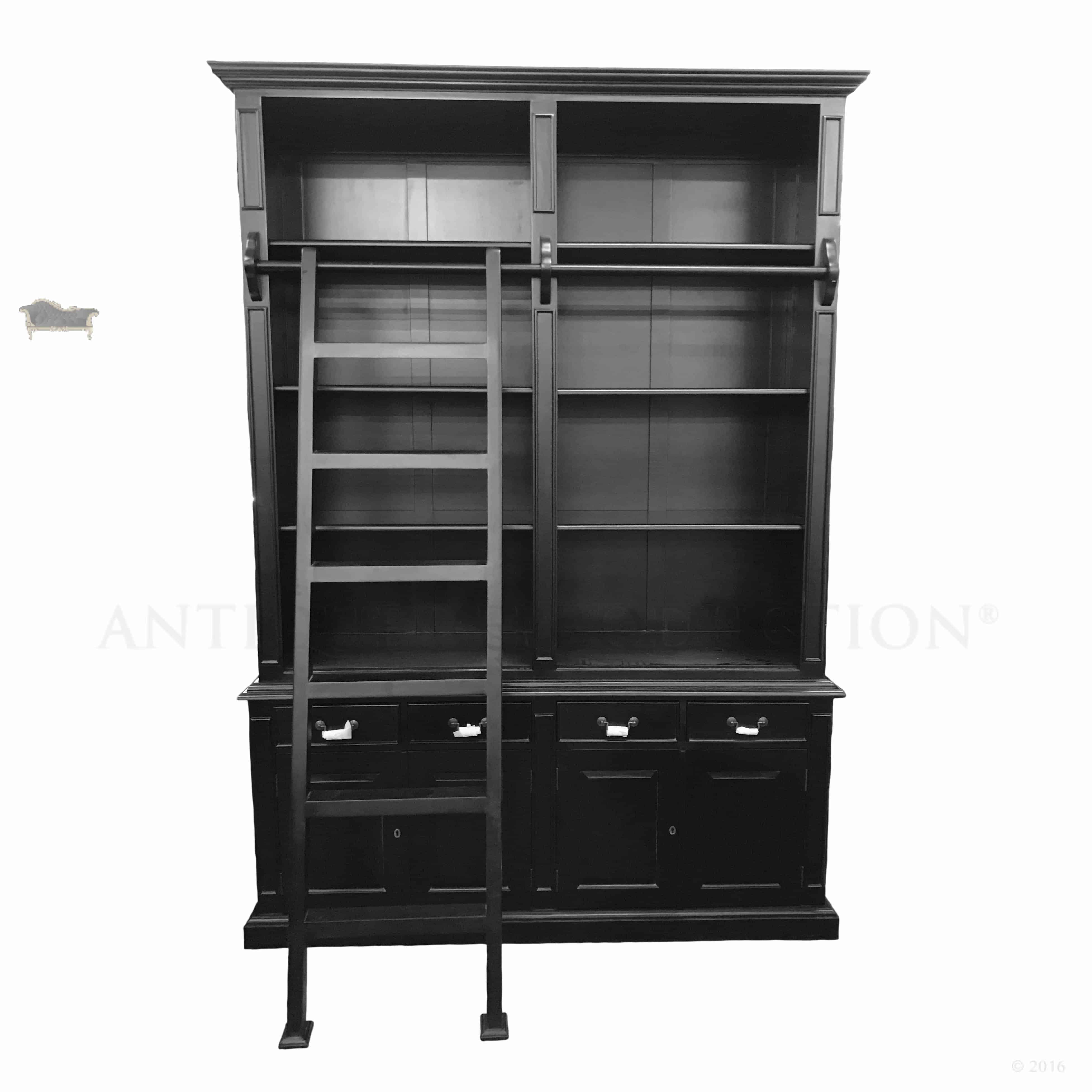 Provincial French Open Bookcase With Ladder Finished In Black