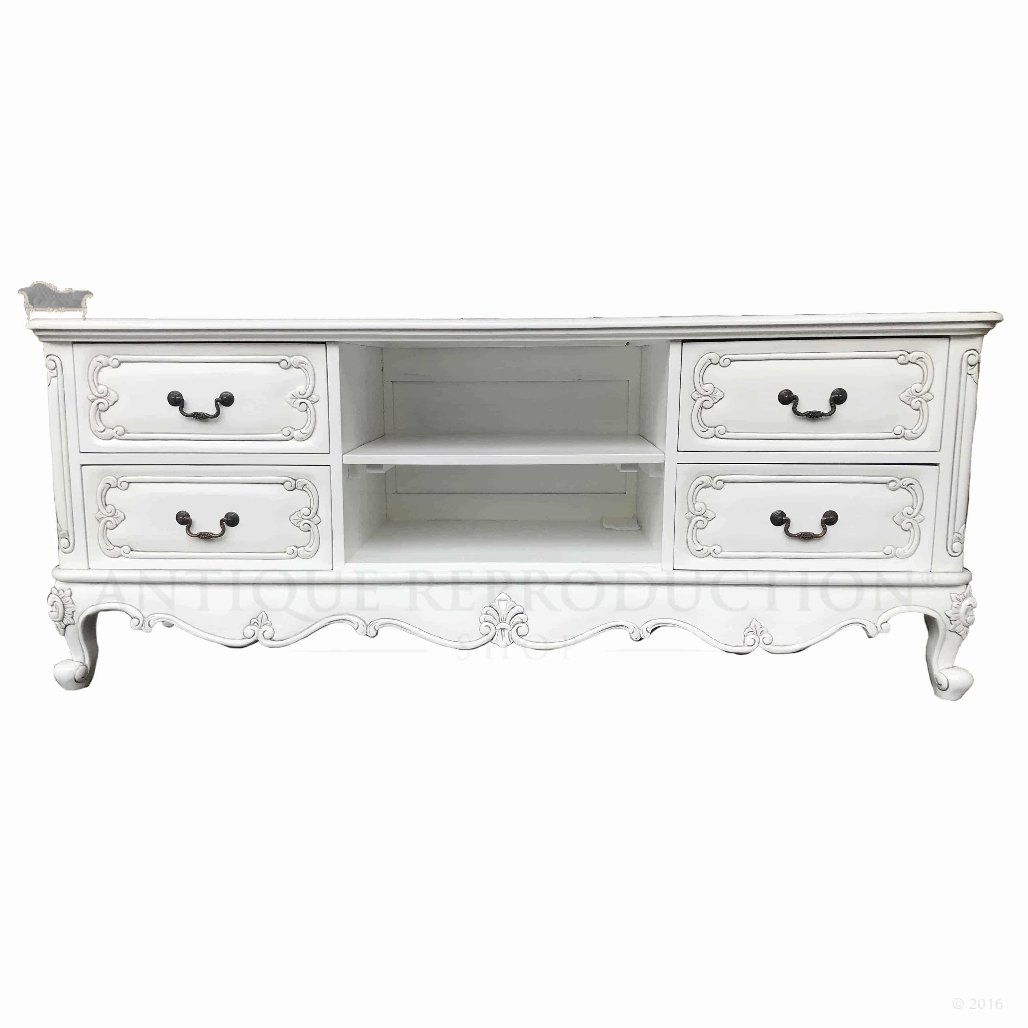 French Tv Stand Cabinet 4 Drawer Antique Provincial White Finish
