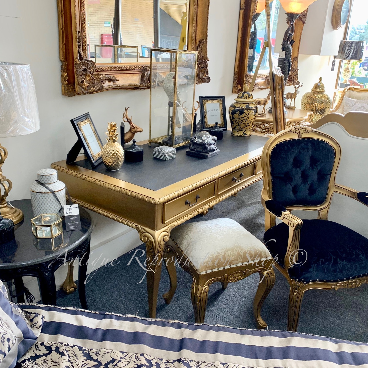 Empire French Antique Gold Desk Writing Table With Black Inlay Sold Out Antique Reproduction Shop