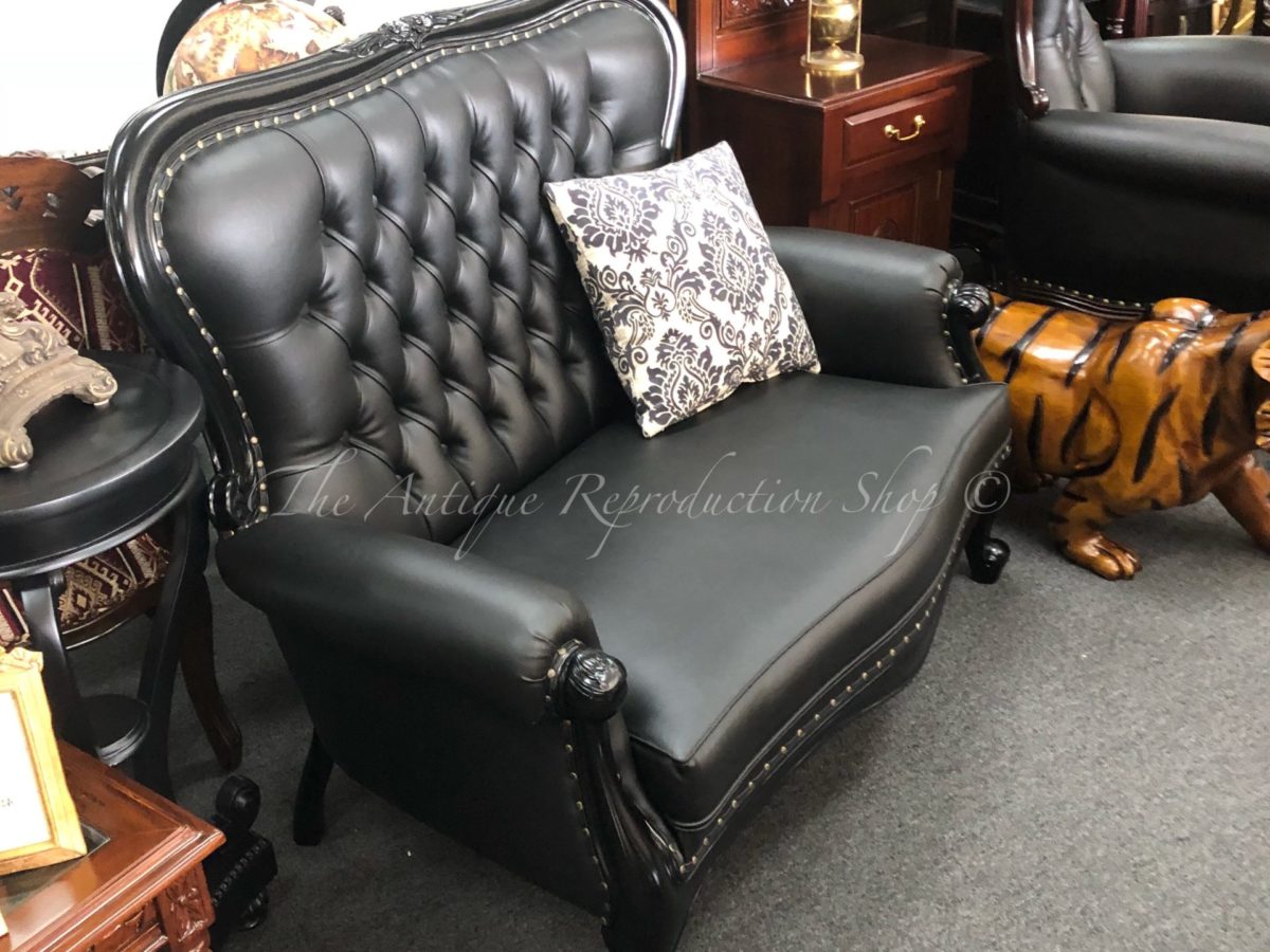 Grandfather 2 Seater Victorian Antique Reproduction Lounge Black Leather Sold Out Antique Reproduction Shop