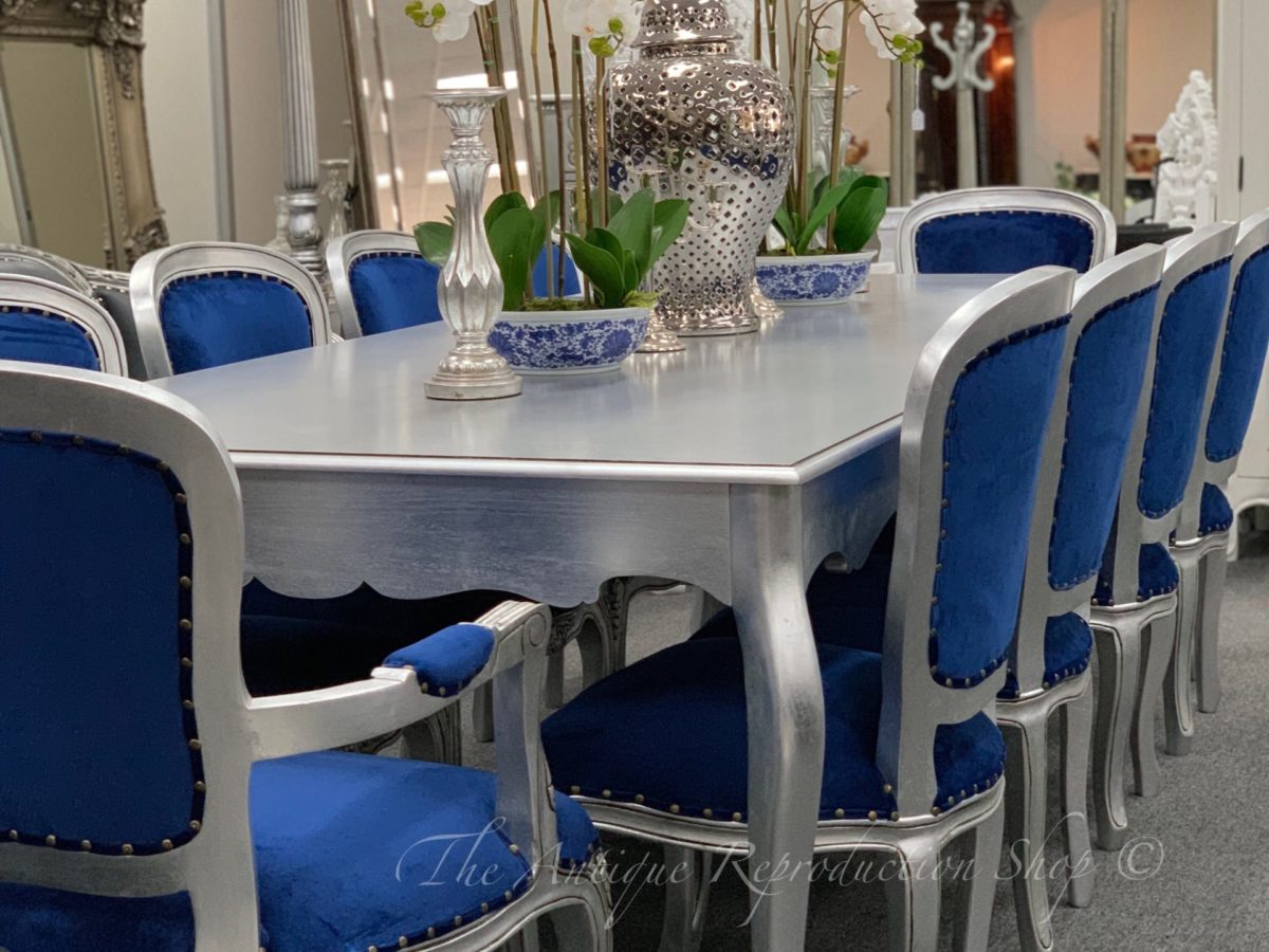 French Provincial Plain Style Dining Table And Chairs Set Royal Blue Antique Silver Reion French Provincial Plain Style Dining, Royal Blue Dining Room Chairs